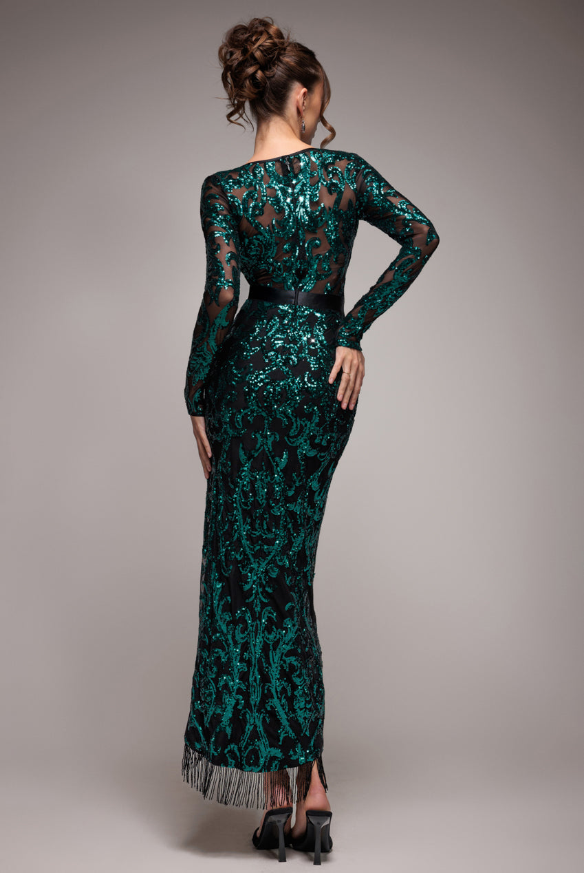Tassel & Sequin Midaxi With Front Split - Emerald Green DR4006
