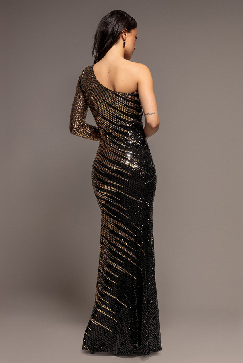 One Sleeve Diagonal Sequin Maxi - Gold DR4008