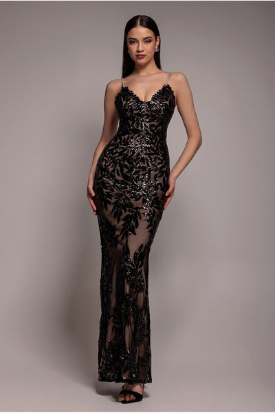 Cross Back Diamante Strap Sequin Maxi - Black by Goddiva