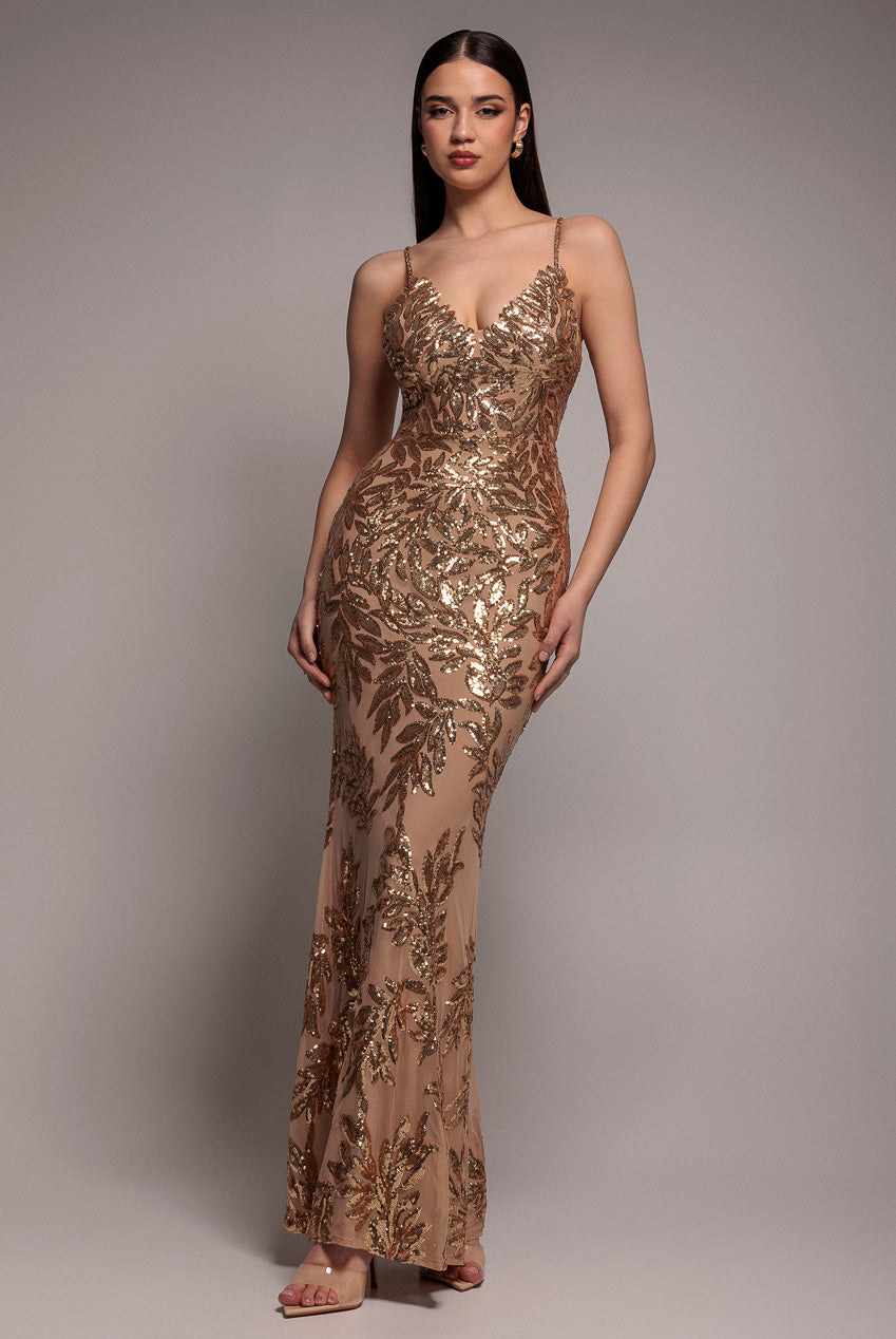 Cross Back Diamante Strap Sequin Maxi - Gold DR4009
