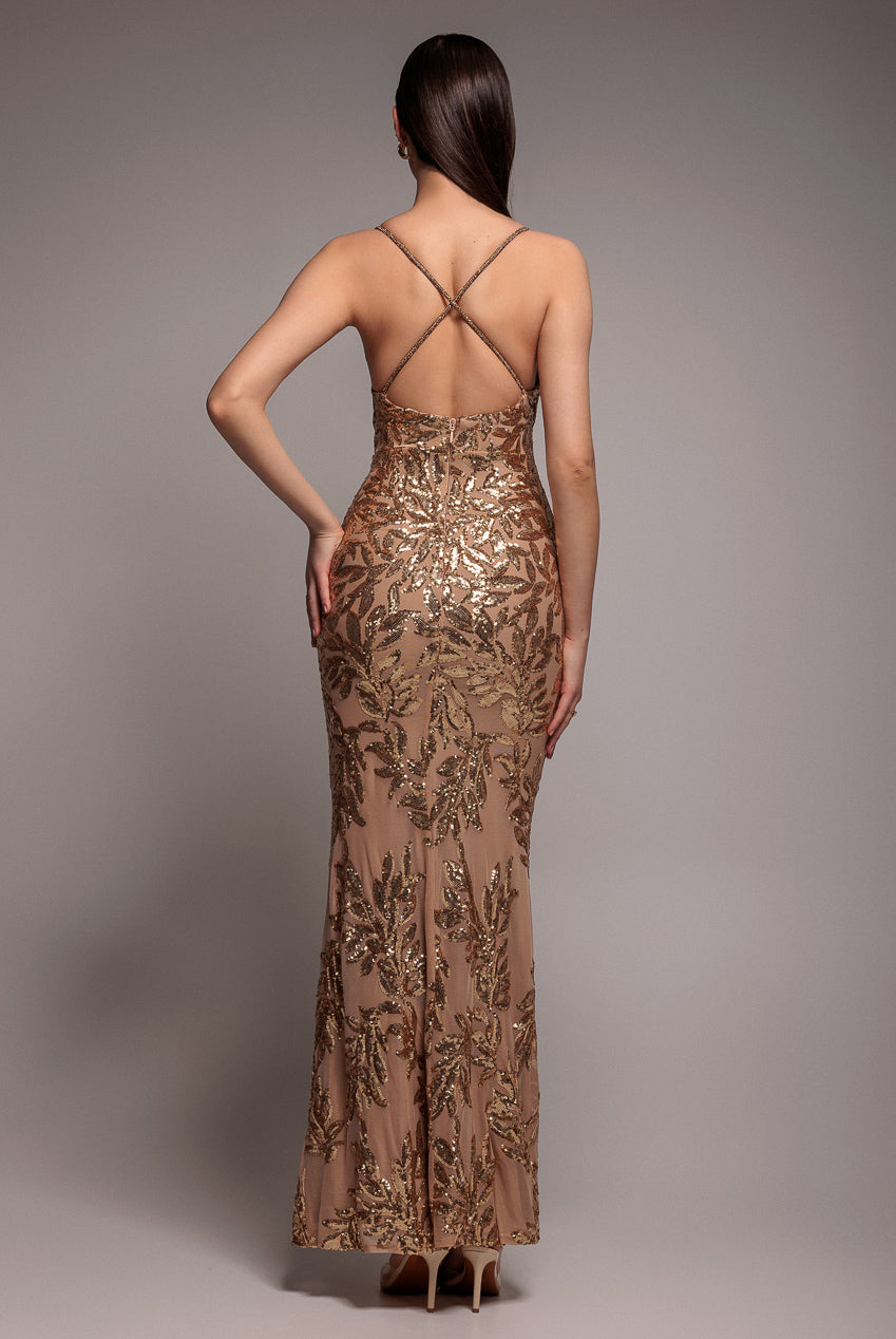 Cross Back Diamante Strap Sequin Maxi - Gold DR4009