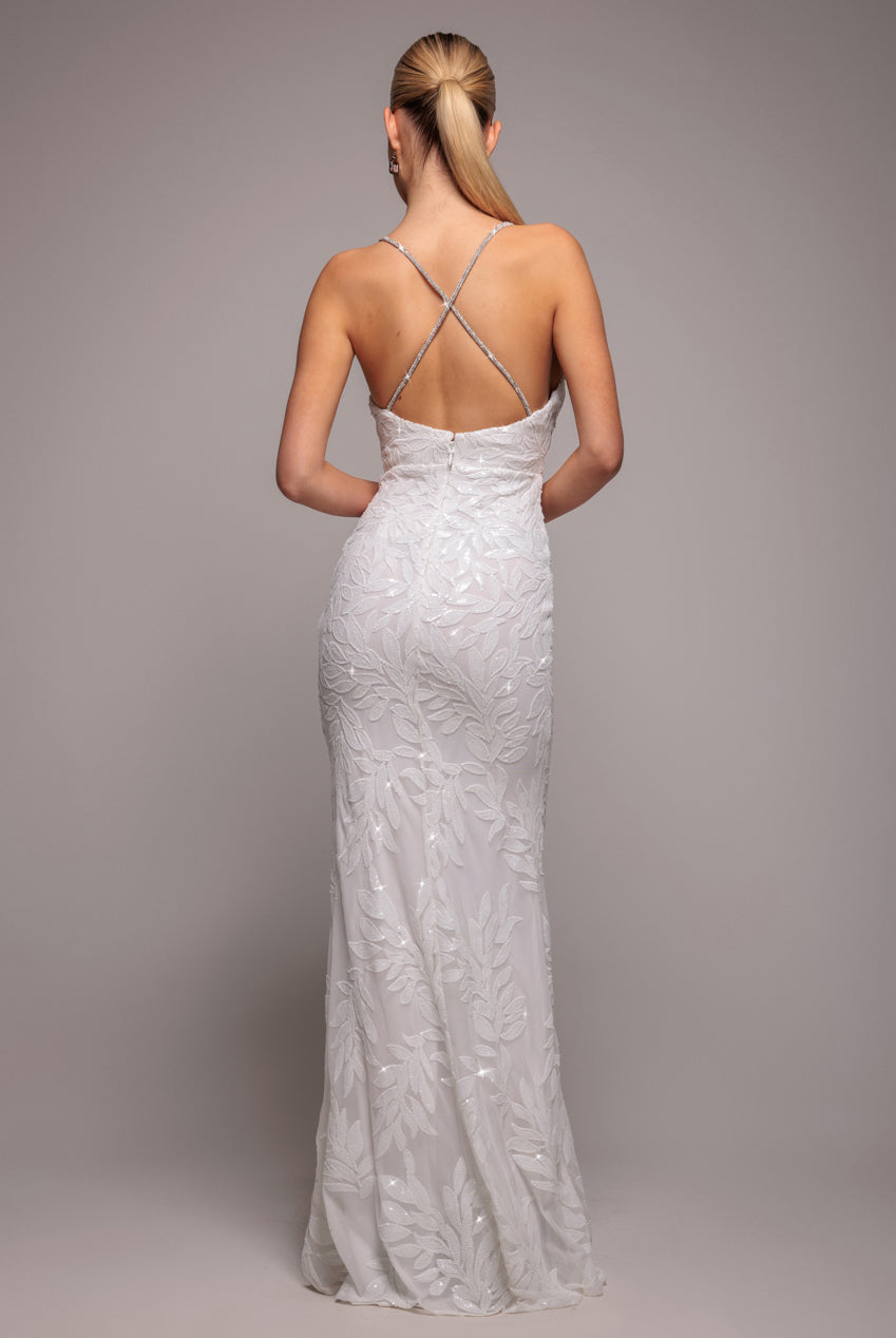 Cross Back Diamante Strap Sequin Maxi - White DR4009