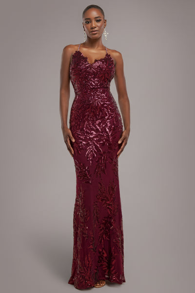 Burgundy - Cross Back Diamante Strap Sequin Maxi - Burgundy by Goddiva