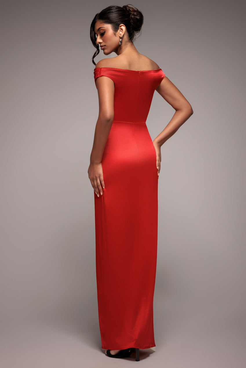 Cowl Bardot Satin Twill Maxi Dress - Red DR4010