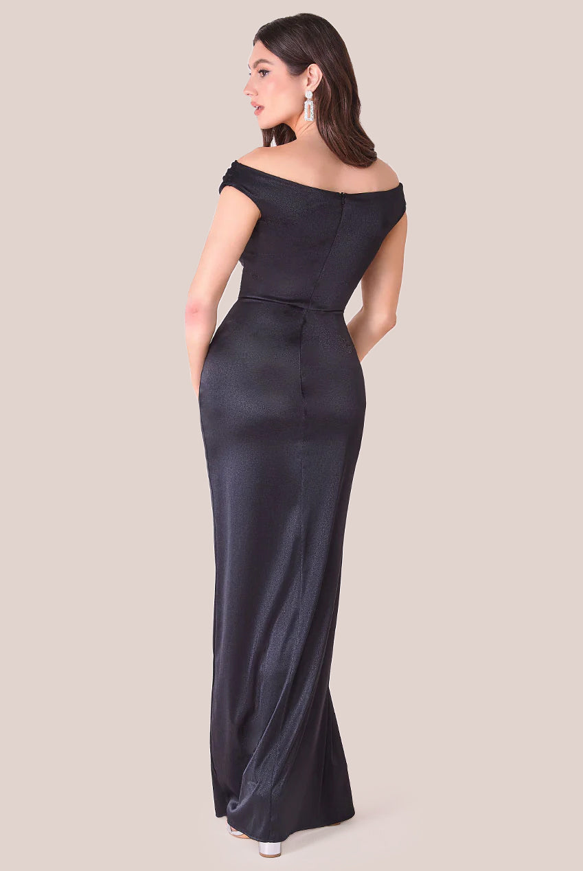 Cowl Bardot Satin Twill Maxi Dress - Black DR4010