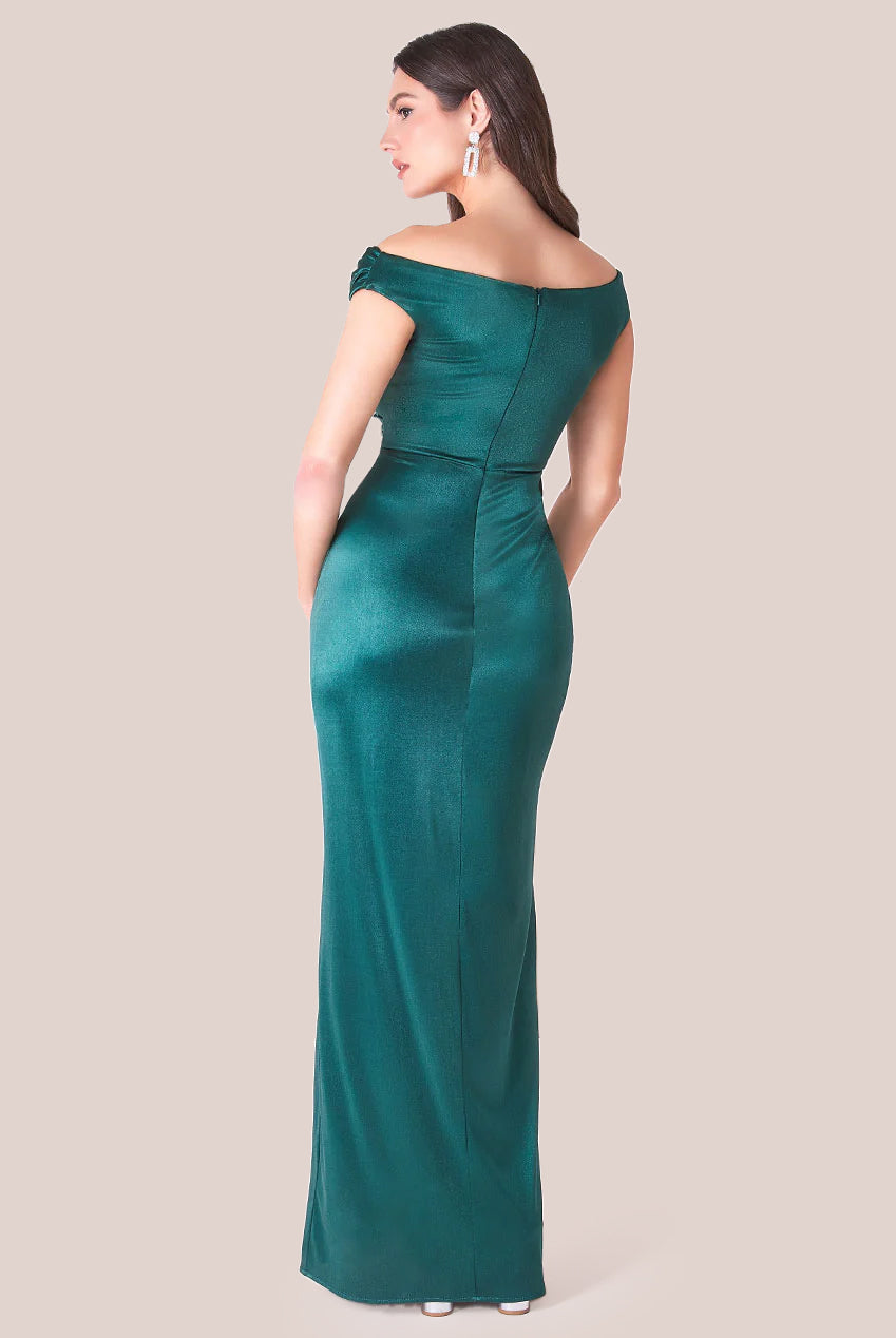 Cowl Bardot Satin Twill Maxi Dress - Emerald Green DR4010