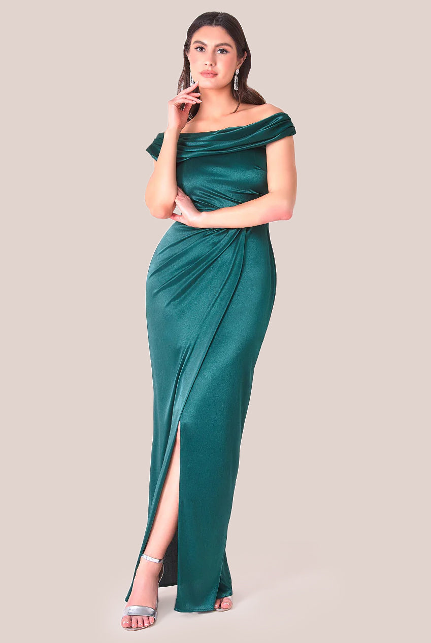 Cowl Bardot Satin Twill Maxi Dress - Emerald Green DR4010