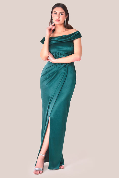 Cowl Bardot Satin Twill Maxi Dress - Emerald Green by Goddiva