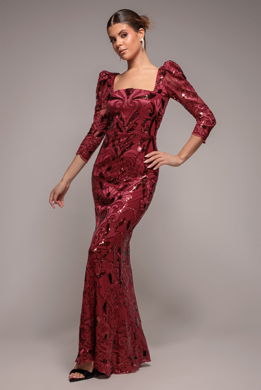Square Neck Scalloped Lace Maxi - Wine DR4016