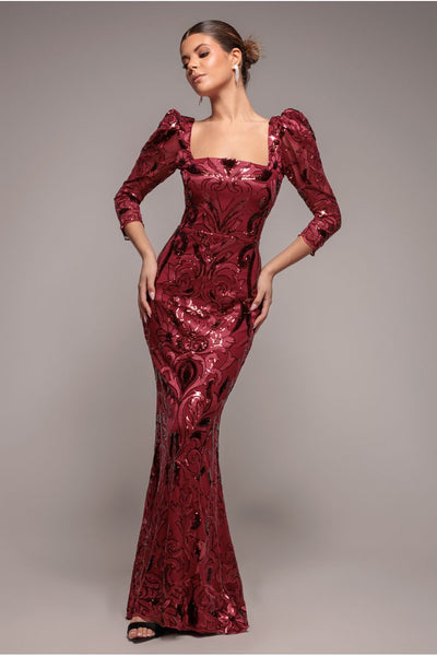 Square Neck Scalloped Lace Maxi - Wine by Goddiva