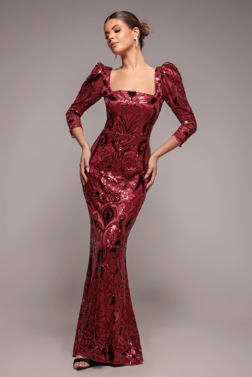 Square Neck Scalloped Lace Maxi - Wine DR4016