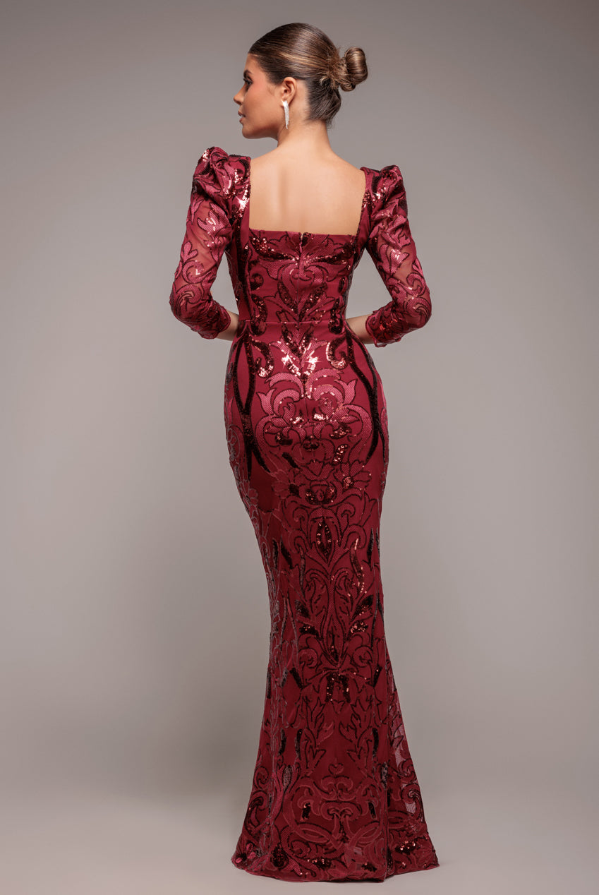Square Neck Scalloped Lace Maxi - Wine DR4016