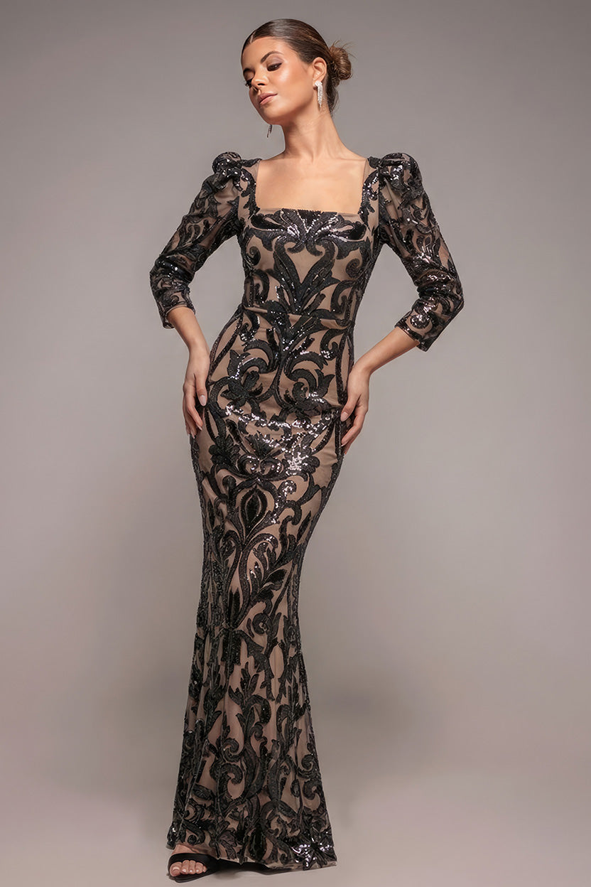 Square Neck Scalloped Lace Maxi - Black DR4016