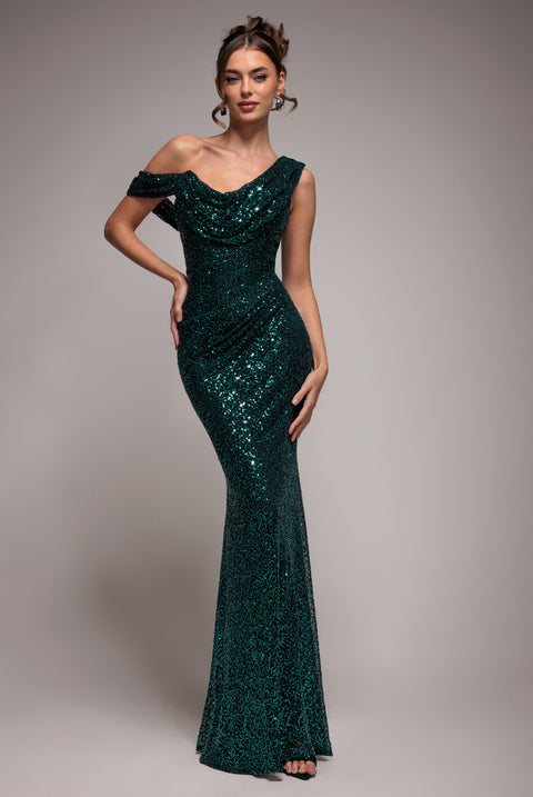 Sequin Cowl One Shoulder Maxi Dress - Emerald Green by Goddiva