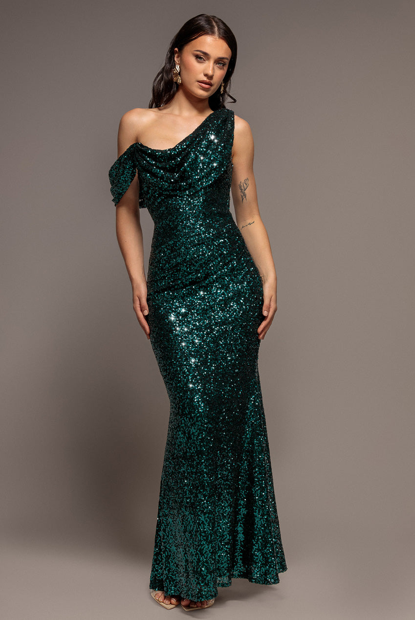Sequin Cowl One Shoulder Maxi Dress - Emerald Green DR4020