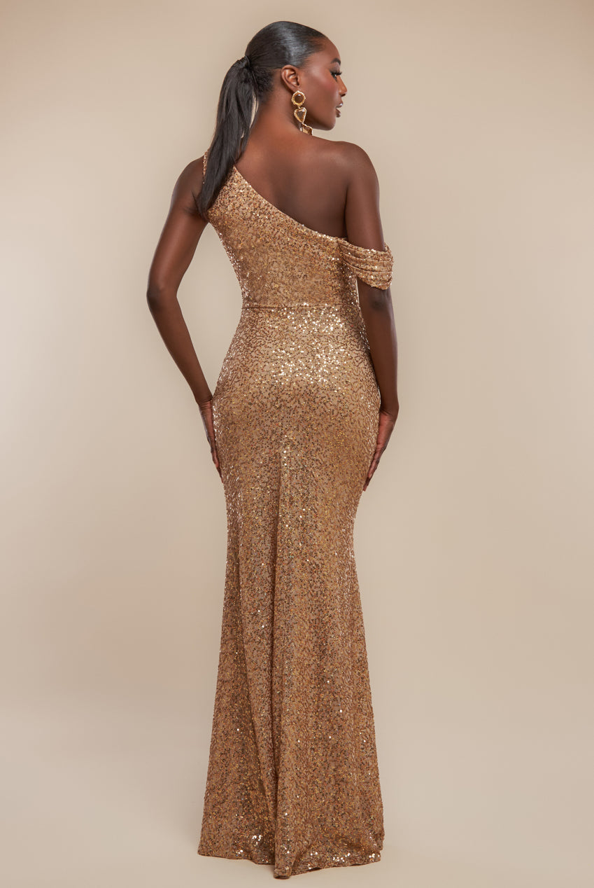 Sequin Cowl One Shoulder Maxi Dress - Gold DR4020
