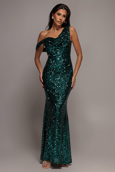 Emerald Green - Sequin Cowl One Shoulder Maxi Dress - Emerald Green by Goddiva