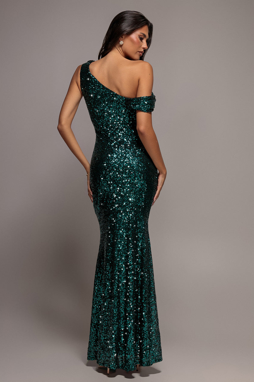 Sequin Cowl One Shoulder Maxi Dress - Emerald Green DR4020