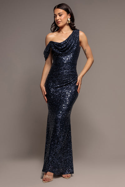 Sequin Cowl One Shoulder Maxi Dress - Navy Blue by Goddiva