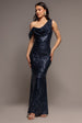 Sequin Cowl One Shoulder Maxi Dress - Navy Blue by Goddiva