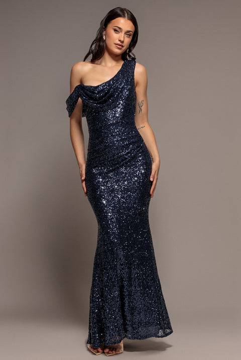 Sequin Cowl One Shoulder Maxi Dress - Navy Blue by Goddiva