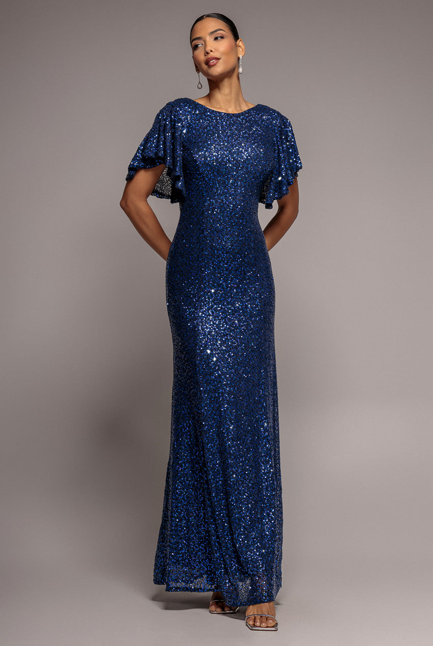 Sequin Flutter Sleeve Maxi - Navy DR4021