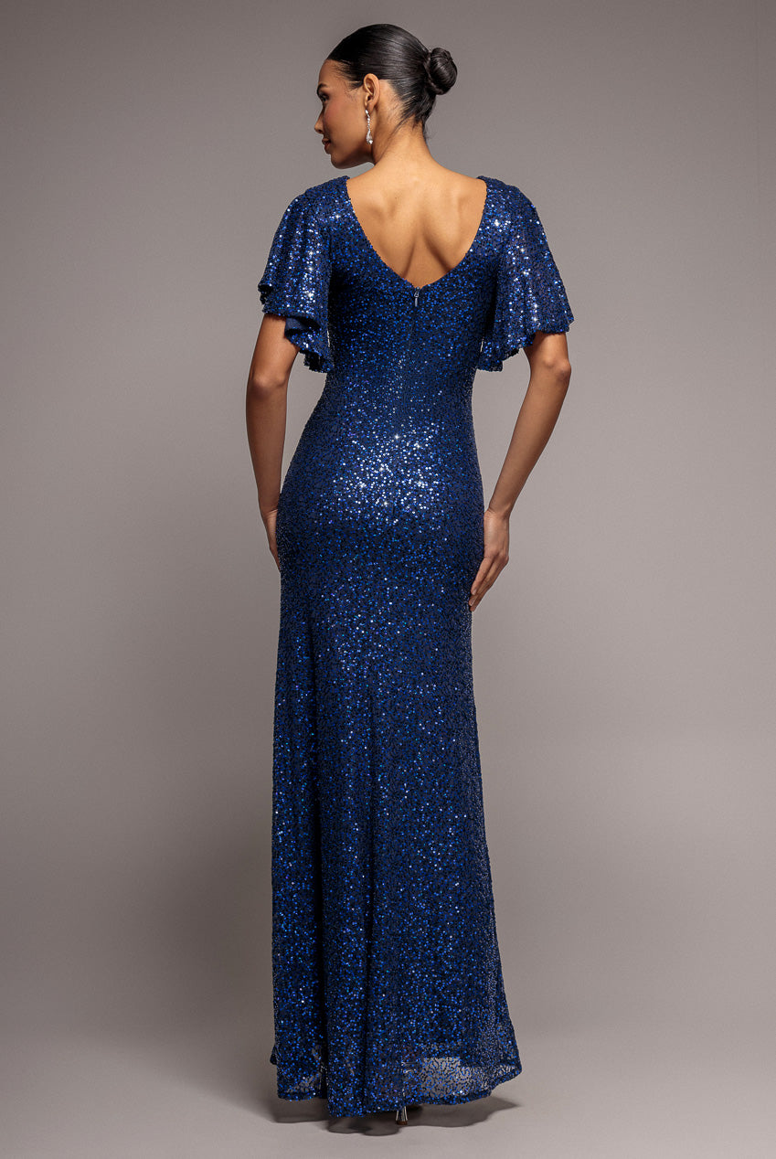 Sequin Flutter Sleeve Maxi - Navy DR4021