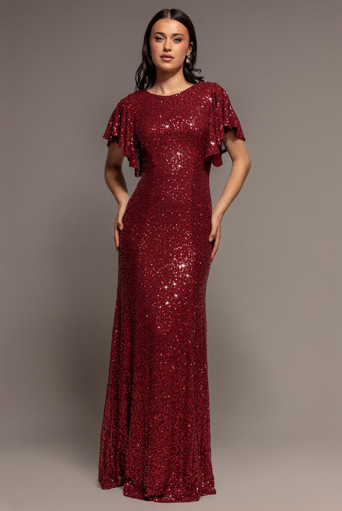 Sequin Flutter Sleeve Maxi - Wine by Goddiva