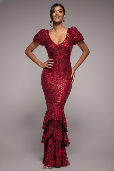 Puff Sleeve Tiered Hem Maxi Dress - Wine by Goddiva