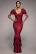 Puff Sleeve Tiered Hem Maxi Dress - Wine by Goddiva