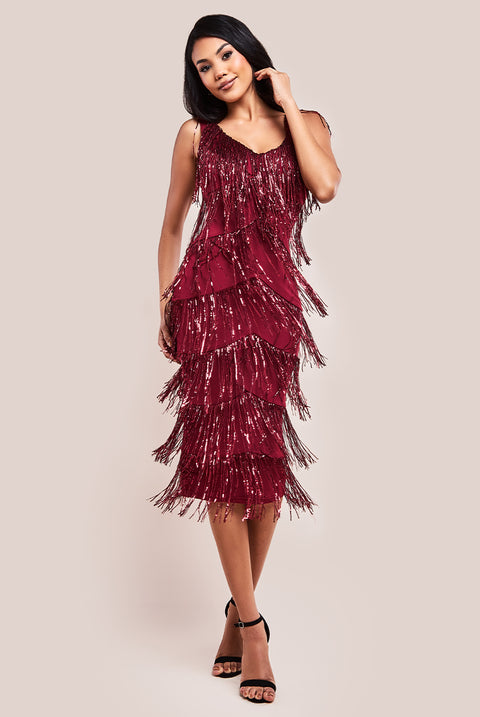 Sequin Tassel Flapper Midi Dress - Wine DR4025