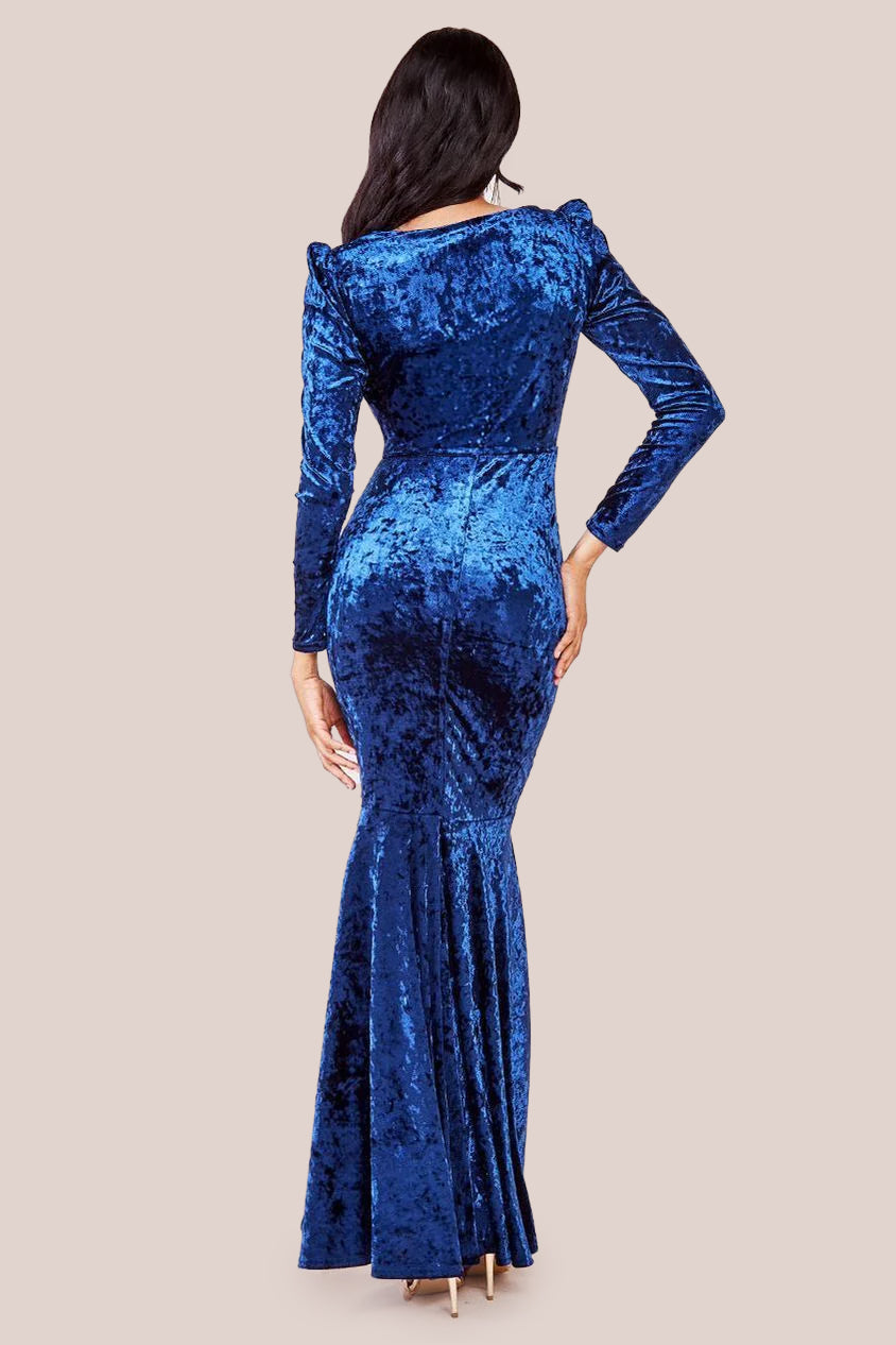 Flared Hem Ice Velvet Maxi - Navy DR4027