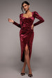 Flared Hem Ice Velvet Midi  - Burgundy by Goddiva