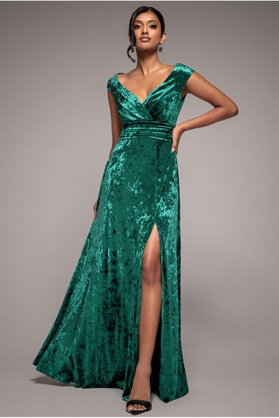 Emerald - Ice Velvet Bardot Wrap Maxi - Emerald Green by Goddiva