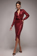 Sequin Front Split Shirt Dress - Wine by Goddiva