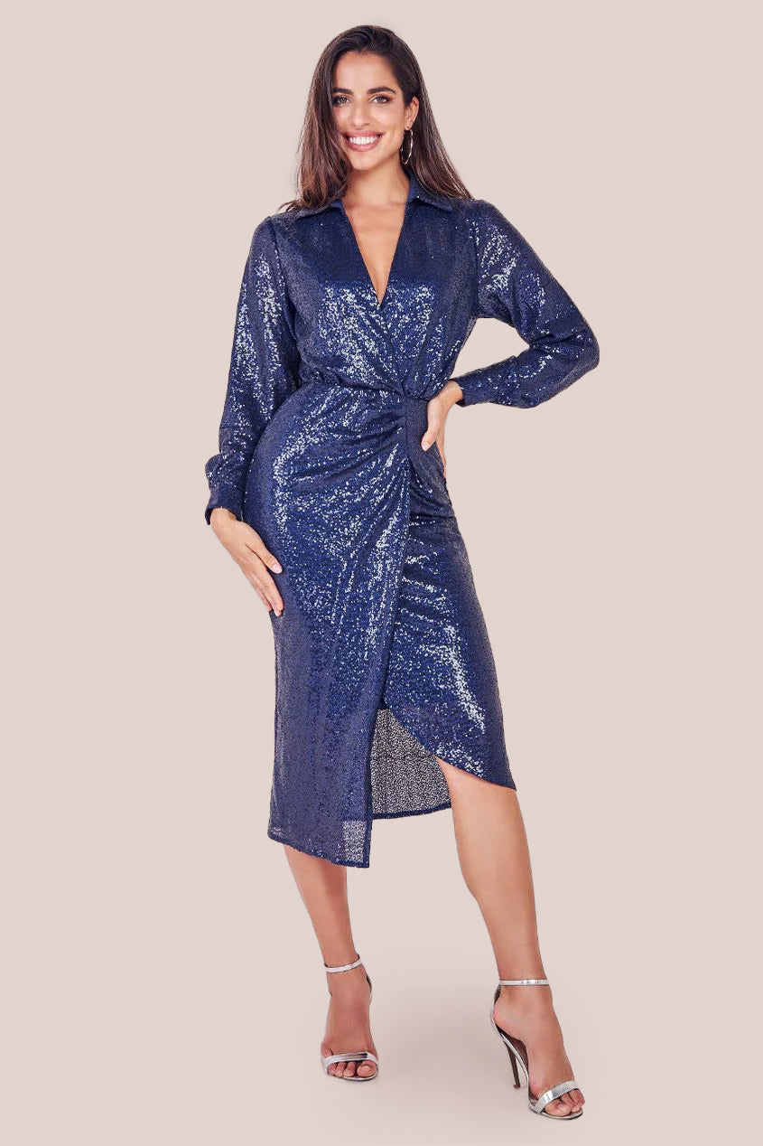 Sequin Front Split Shirt Dress - Navy DR4034