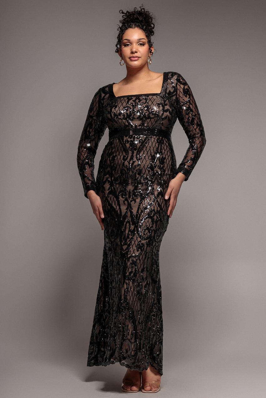 Sequin Square Neck Maxi With Scallop Hem - Black DR4038PLUS