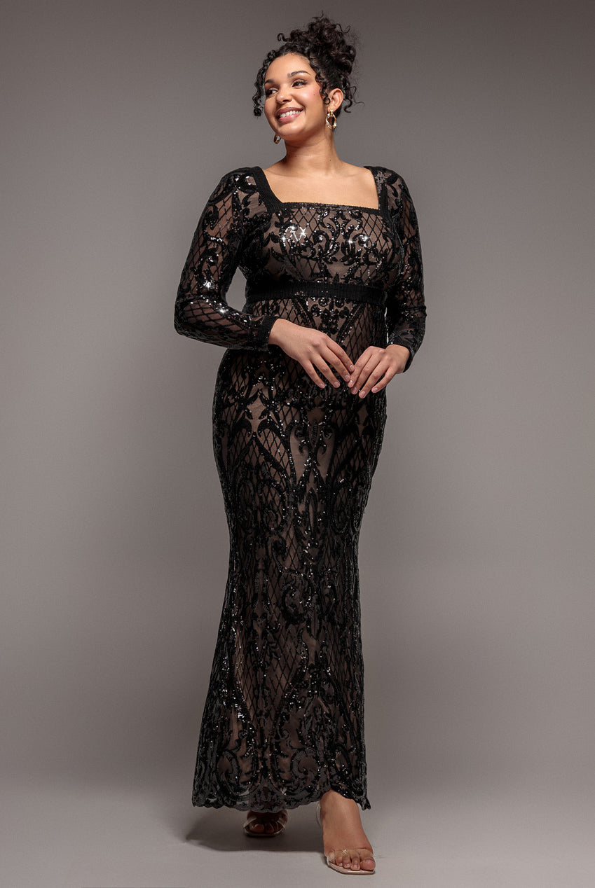 Sequin Square Neck Maxi With Scallop Hem - Black DR4038PLUS