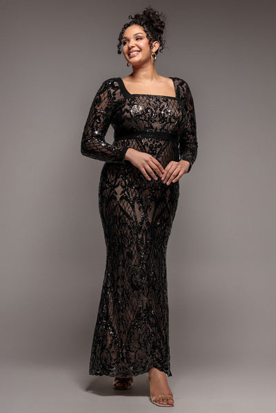 Black - Sequin Square Neck Maxi With Scallop Hem - Black by Goddiva Plus