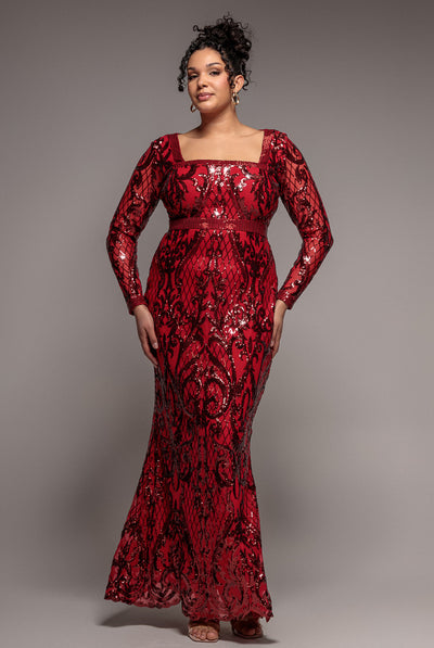 Sequin Square Neck Maxi With Scallop Hem - Red by Goddiva Plus
