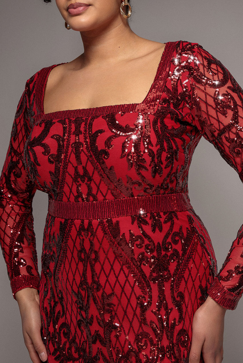 open lace back dress Goddiva Sequin Square Neck Maxi With Scallop Hem - Red