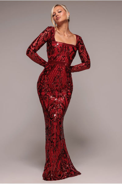 Sequin Square Neck Maxi With Scallop Hem - Red by Goddiva