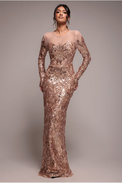 Champagne - Floral Sequin Mesh Maxi - Champagne by Goddiva