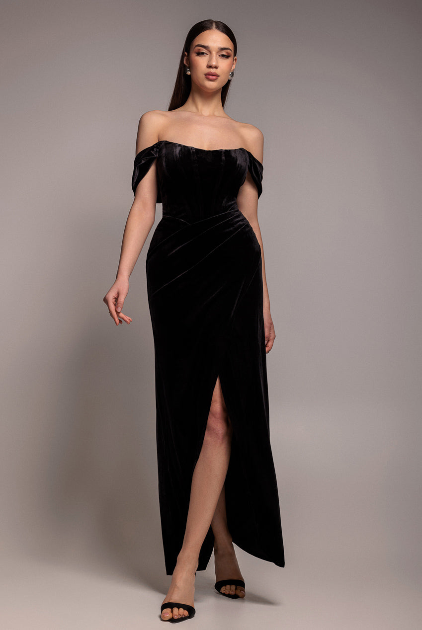 Draped Shoulder Velvet Corset Maxi Dress - Black DR4044