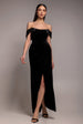 Draped Shoulder Velvet Corset Maxi Dress - Black by Goddiva
