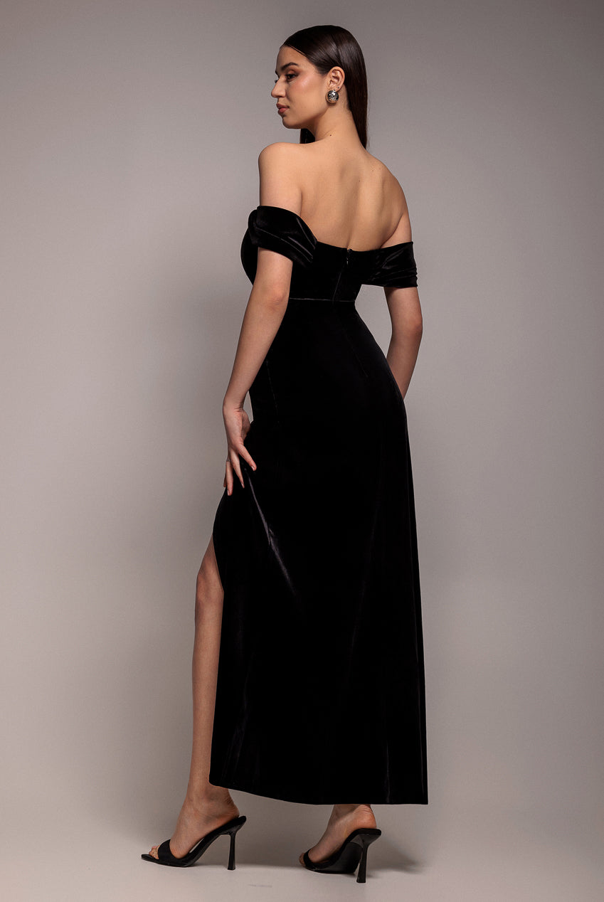 Draped Shoulder Velvet Corset Maxi Dress - Black DR4044