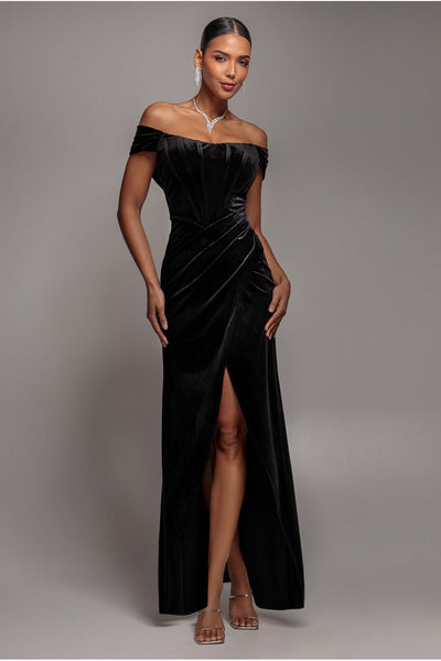Draped Shoulder Velvet Corset Maxi Dress - Black by Goddiva