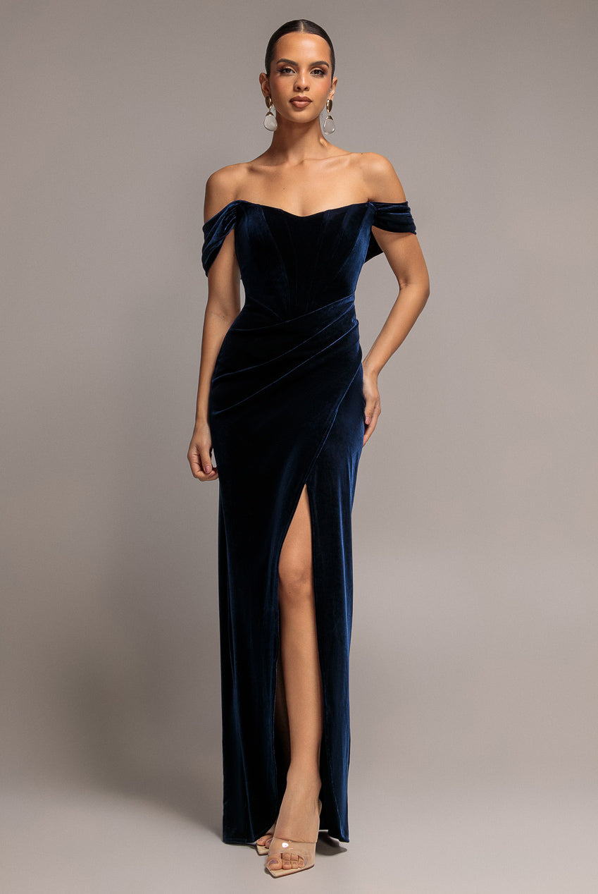 Draped Shoulder Velvet Corset Maxi Dress - Navy Blue DR4044