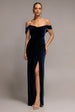 Draped Shoulder Velvet Corset Maxi Dress - Navy Blue by Goddiva