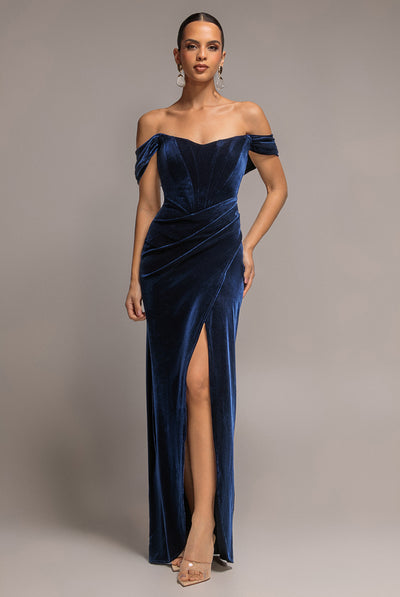 Draped Shoulder Velvet Corset Maxi Dress - Navy Blue by Goddiva